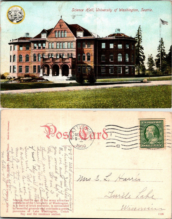 1909 Postcard from Seattle University of Washington sent to Wisconsin $