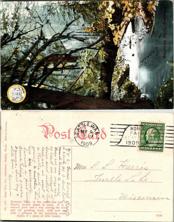 1909 Postcard from Seattle Ravenna Park sent to Wisconsin $