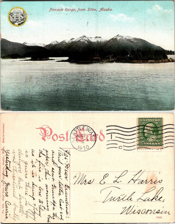 1910 Postcard from Seattle Sitka Alaska Pinnacle Range, to Wisconsin $