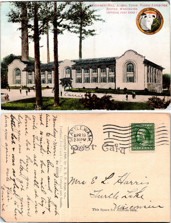 1909 Postcard from Alaska-Yukon-Pacific Exposition sent to Wisconsin $
