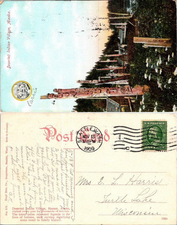 1909 Postcard from Seattle, Indian Village Alaska, sent to Wisconsin $