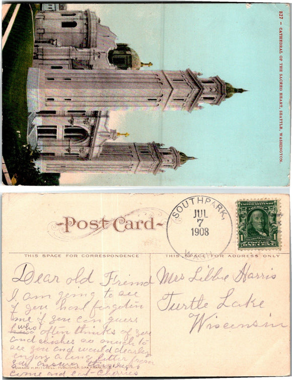 1908 Postcard from Seattle Cathedral of the Sacred Heart sent to Wisconsin $