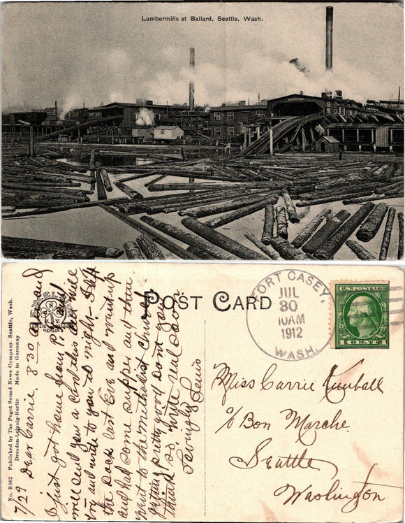 1912 Postcard from Ft. Casey photo of Ballard Lumbermills sent to Seattle DPO $