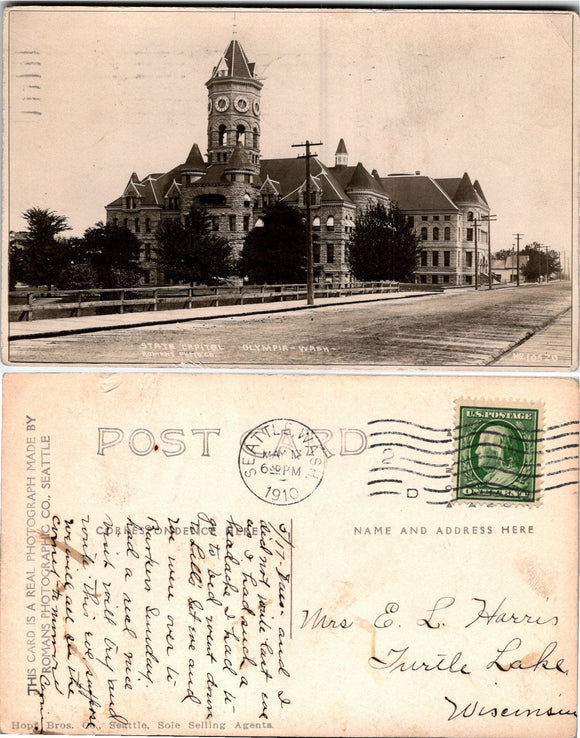 1910 Postcard of Olympia State Capitol sent to Wisconsin PHOTO $