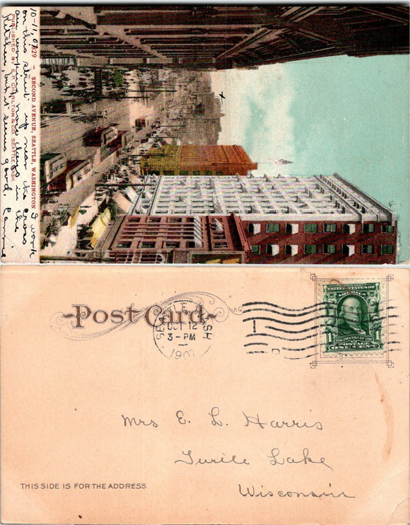 1907 Postcard from Seattle of 2nd Avenue photo sent to Wisconsin $