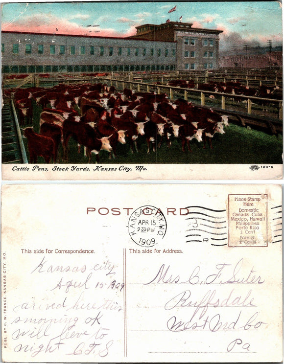 1909 Postcard of Kansas City Stock Yards sent to PA $