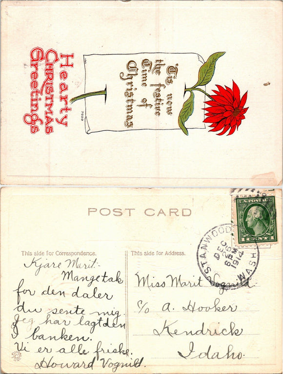 1914 Postcard from Stanwood WA Christmas Greetings, to Kendrick ID $