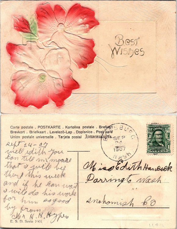 1907 Postcard from Bossberg WA EMBOSSED Best Wishes to Snohomish CO $