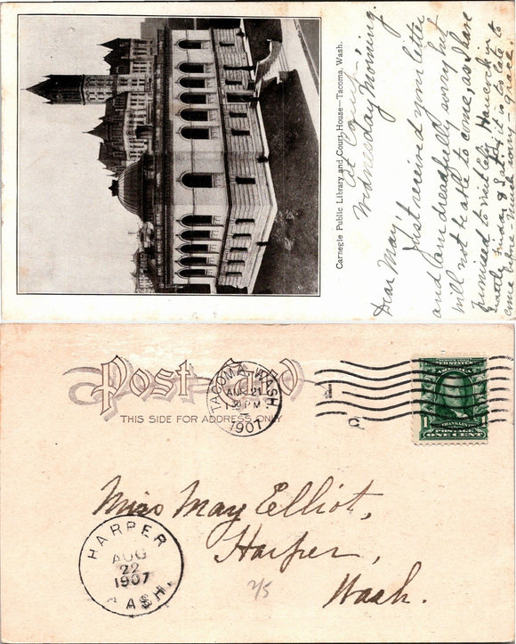 1907 Postcard from Harper WA Carnegie Public Library sent to Harper WA $