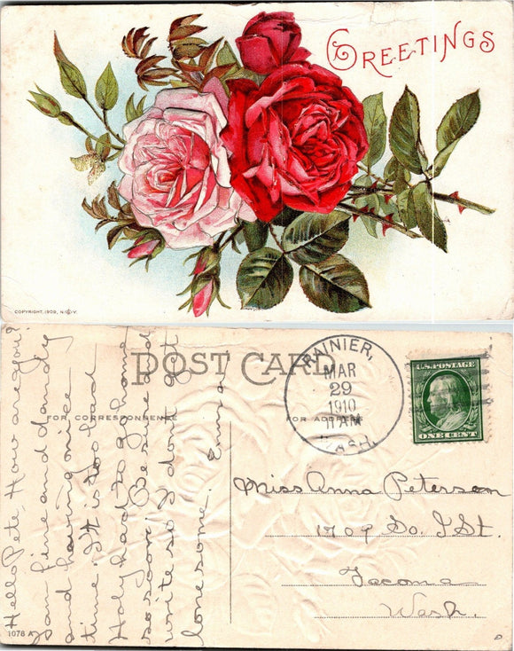 1910 Postcard from Rainier WA Greetings EMBOSSSED sent to Tacoma WA $