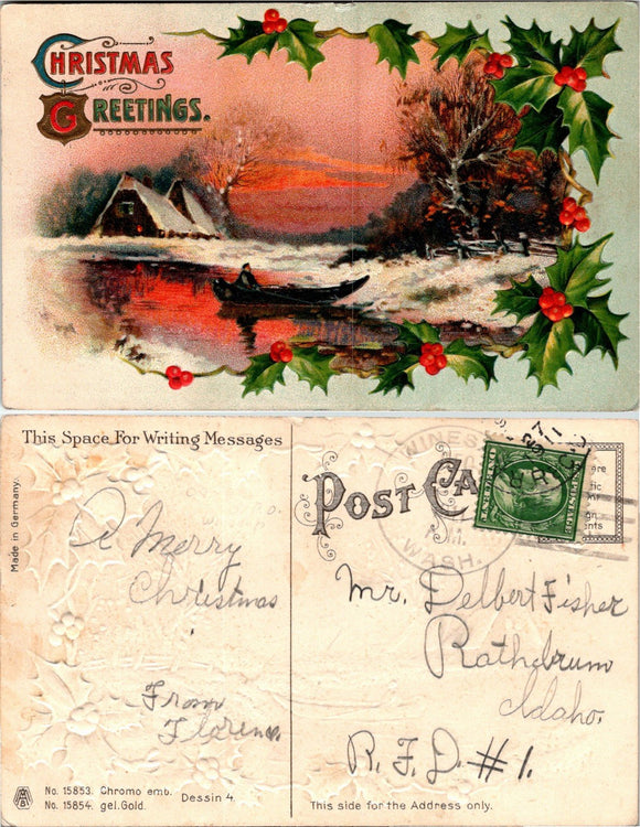 1911 Postcard from Winesap WA Christmas greetings EMBOSSED to Rathdrum ID $