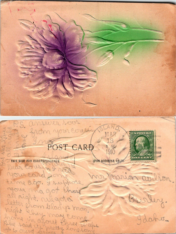 1910 Postcard from Island ID Floral greetings EMBOSSED sent to Burley ID $
