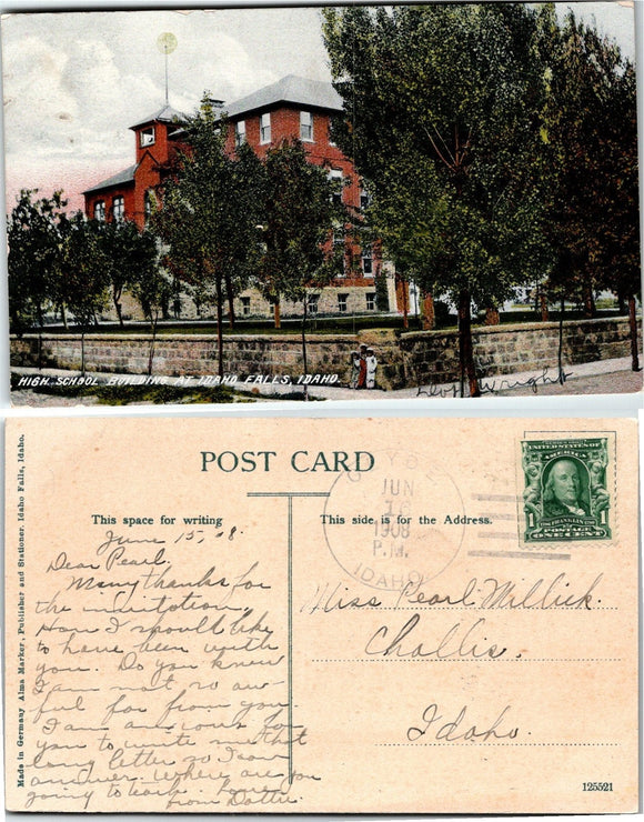 1908 Postcard from Clyde ID Idaho Falls High School sent to Challis ID $
