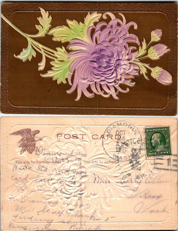 1910 Postcard from Diamond WA Floral Greetings EMBOSSSED to Wilcox WA $