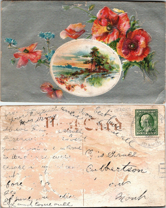 1910 Postcard from Clarks Fork ID Floral Greetings EMBOSSSED to MT DPO $$$