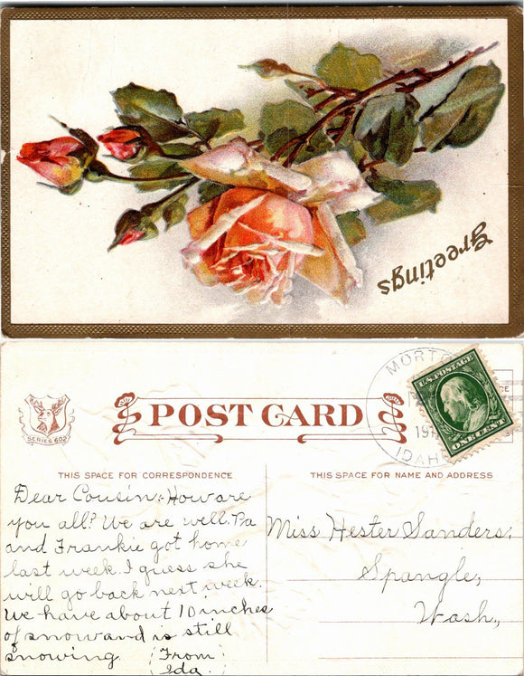 1910 Postcard from Morton ID Floral Greetings EMBOSSSED to Spangle WA $