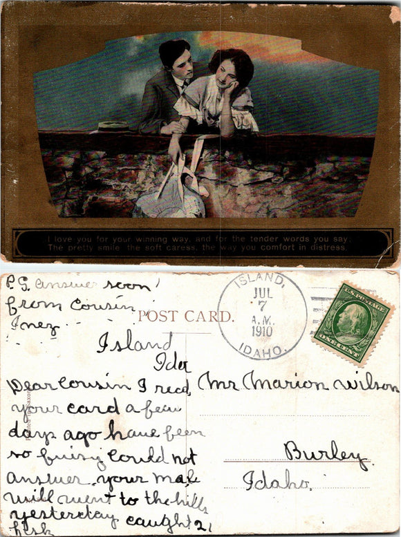 1910 Postcard from Island ID Romantic Greetings sent to Burley ID DPO $$$