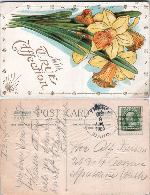 1909 Postcard from Tharp ID Floral Greetings EMBOSSED sent to Spokane WA DPO $$$