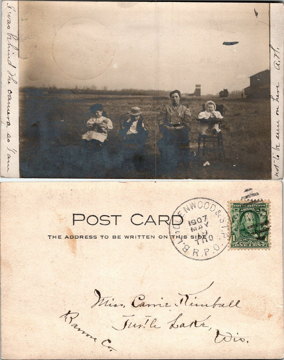 1907 Postcard from Olenwood OH with Family photo sent to Turtle Lake WI $