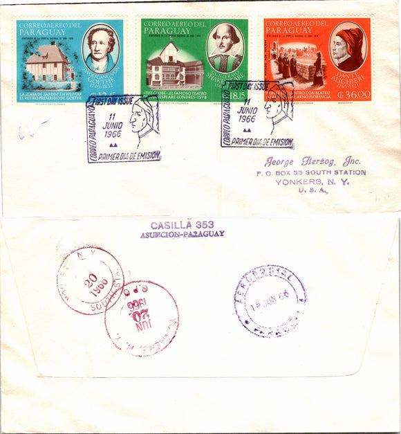 Paraguay Scott #955-958 FIRST DAY COVER Famous Authors $$ 377259