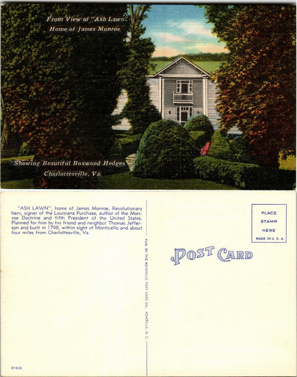 Postcard Home of James Monroe Charlottesville VA, unaddressed $$ 383347 ISH