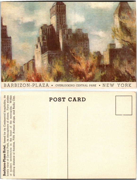 Postcard Barbizon Plaza Hotel NYC, unaddressed $$ 383382 ISH