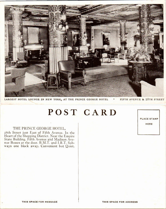 Postcard Prince George Hotel NYC, unaddressed $$ 383404 ISH