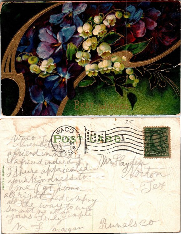Postcard 1908 Waco TX Best Wishes to Norton TX $$ 383435 ISH
