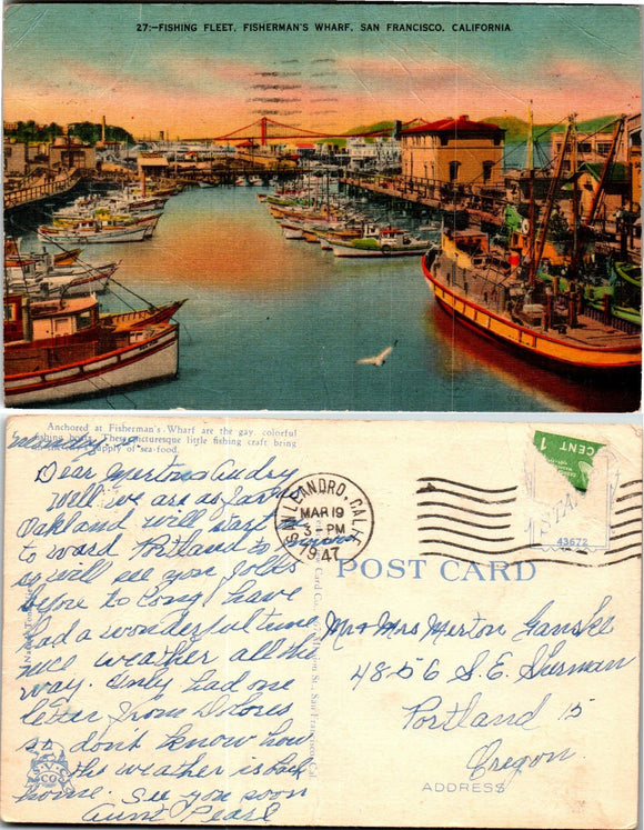 Postcard 1947 Fishermen's Wharf S.F. to San Leandro CA $$ 383436 ISH