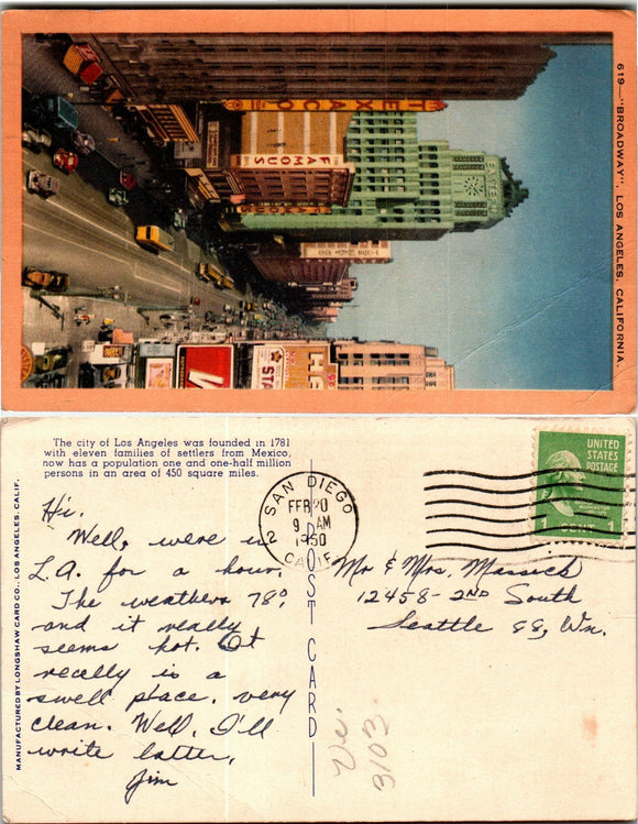 Postcard 1950 Los Angeles Broadway to Seattle WA $$ 383437 ISH