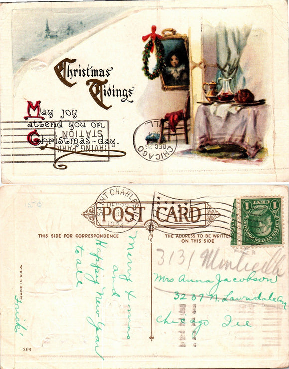 Postcard 1924 St. Charles Christmas Greeting to Chicago IL $$ 383439 ISH