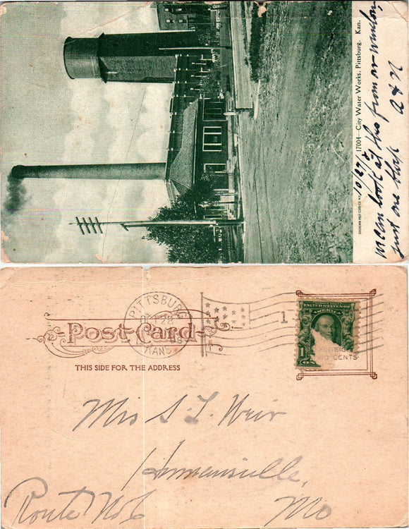 Postcard 1908 Pittsburgh KA Water Works to Hammersville MO $$ 383444 ISH