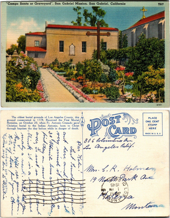 Postcard 1945 San Gabriel CA Burial Grounds to Helena MT $$ 383450 ISH