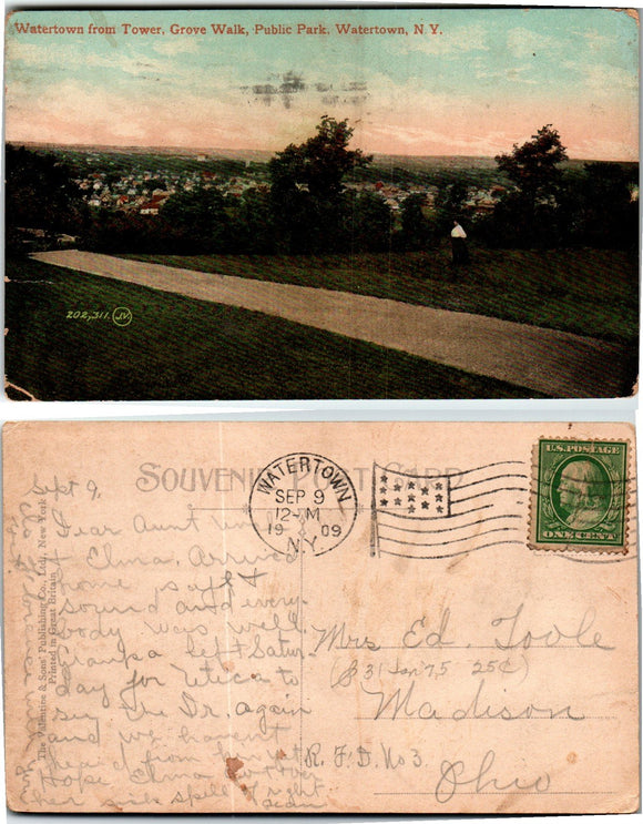 Postcard 1909 Watertown NY View to Madison OH $$ 383451 ISH