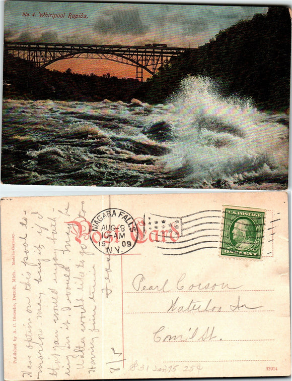 Postcard 1909 Niagara Falls NY Whirlpool Rapids to Waterloo IA $$ 383454 ISH