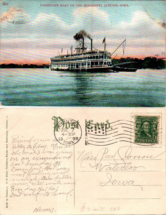 Postcard 1908 Clinton IA Passenger Boat to Waterloo IA $$ 383456 ISH