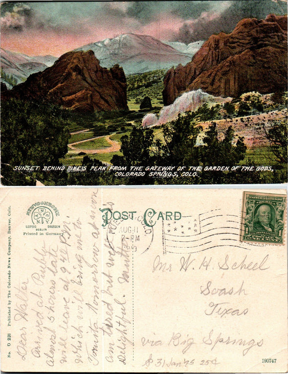 Postcard 1910 Colorado Springs Pike's Peak to Big Springs TX $$ 383457 ISH
