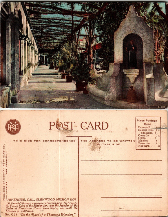 Postcard Riverside CA Glenwood Mission INN, unaddressed $$ 383463 ISH