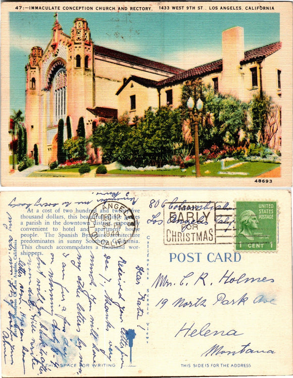 Postcard 1944 L.A. CA Immaculate Conception Church to Helena MT $$ 383470 ISH