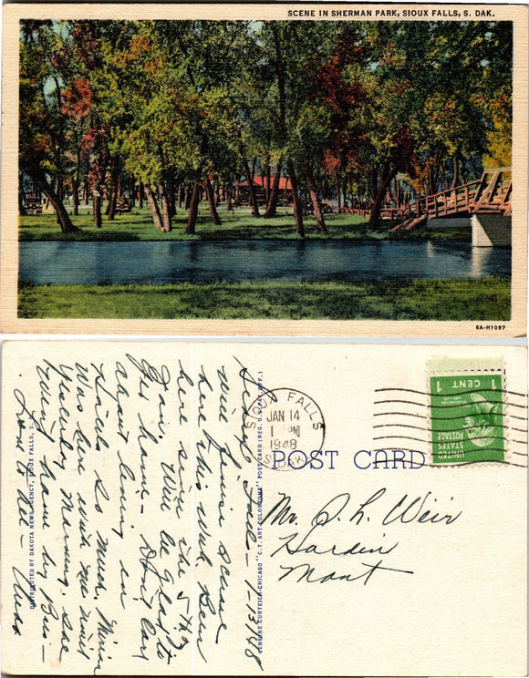 Postcard 1948 Sioux Falls SD Park Scene to Hardin MT $$ 383471 ISH