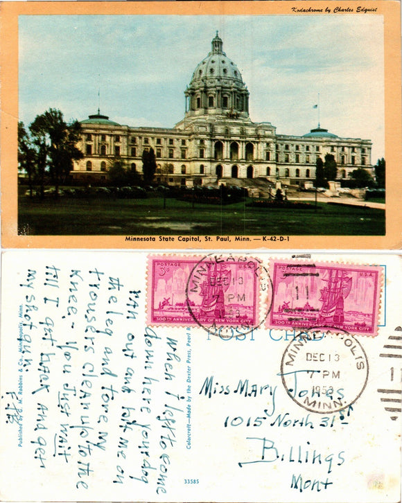 Postcard 1959 St. Paul MN State Capitol to Billings MN $$ 383475 ISH