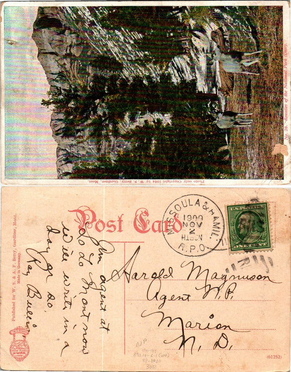 Postcard RPO 1909 Missoula & Hamilton National Park to Marion ND $$ 383478 ISH