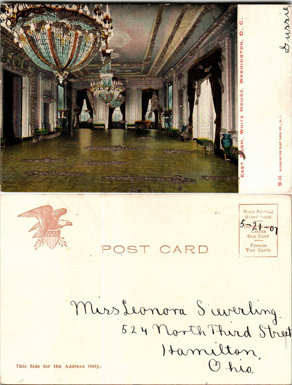 Postcard 1907 East Room White House DC to Hamilton OH $$ 383484 ISH