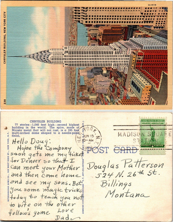 Postcard 1943 New York Chrysler Building to Billings MT $$ 383490 ISH