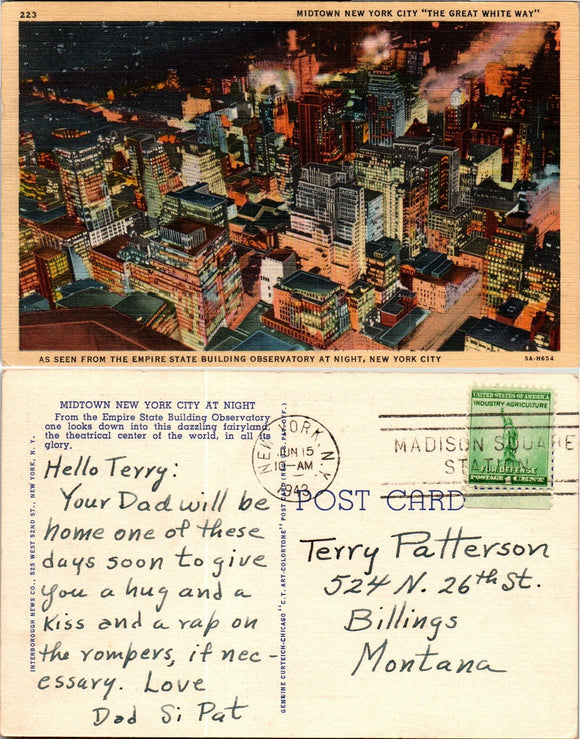 Postcard 1943 New York Midtown to Billings MT $$ 383491 ISH