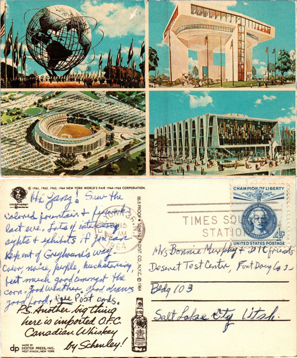 Postcard 1964 New York World's Fair to Salt Lake City UT $$ 383498 ISH