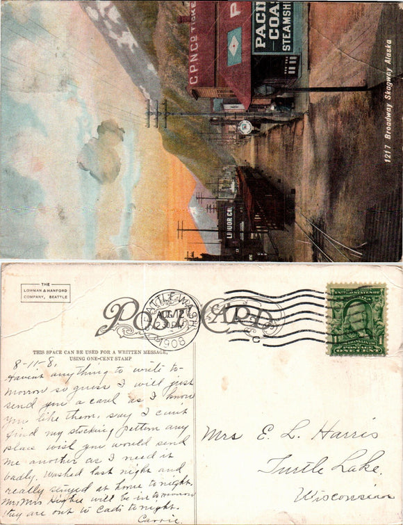 Postcard 1908 Seattle WA Skagway Alaska Scene to Turtle Lake WI $$ 383506 ISH
