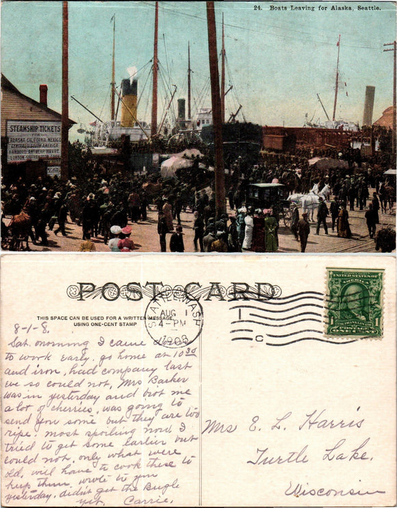 Postcard 1908 Seattle WA Boats Leaving for Alaska to WI $$ 383508 ISH