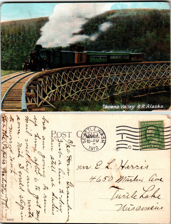 Postcard 1912 Seattle WA Tanana Valley R.R. to Turtle Lake WI $$ 383509 ISH