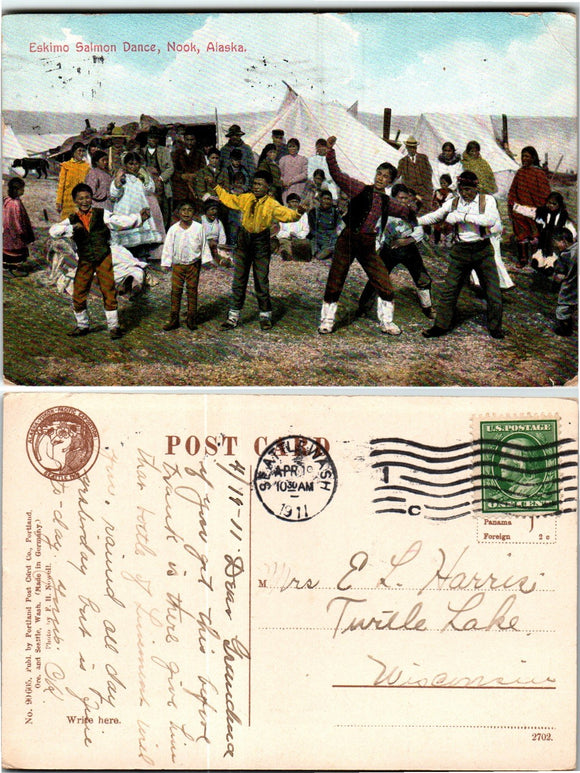 Postcard 1911 Seattle WA EXPO Eskimo Salmon Dance Alaska to WI $$ 383513 ISH